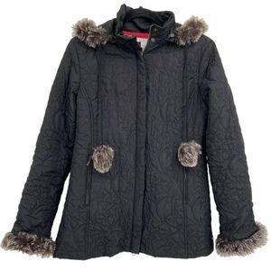 CAbi Plaza Thin Quilted Black Coat Faux Fur Trim Full Zip Removable Hood Medium